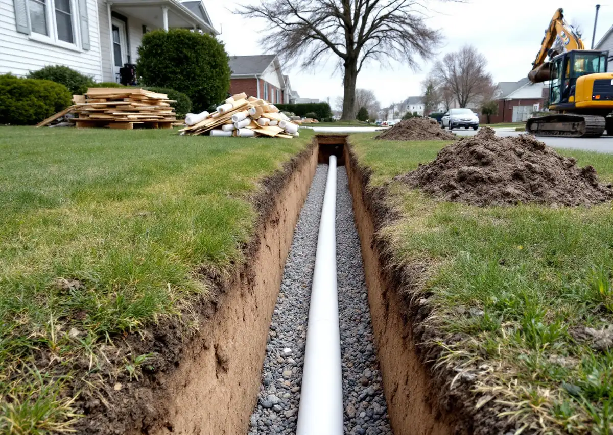 Narrow open trench running across a suburban front lawn from the house toward the street, a new white plastic pipe lying on gravel at the bottom, excavated earth piled beside it and a small excavator at the curb