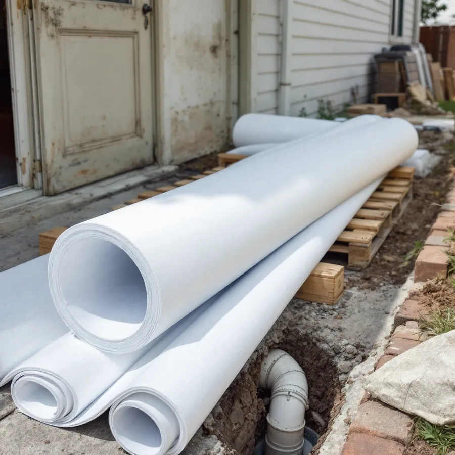 Long flat white felt tubes rolled on a wooden pallet beside a house, one feeding into an open pipe fitting in the ground