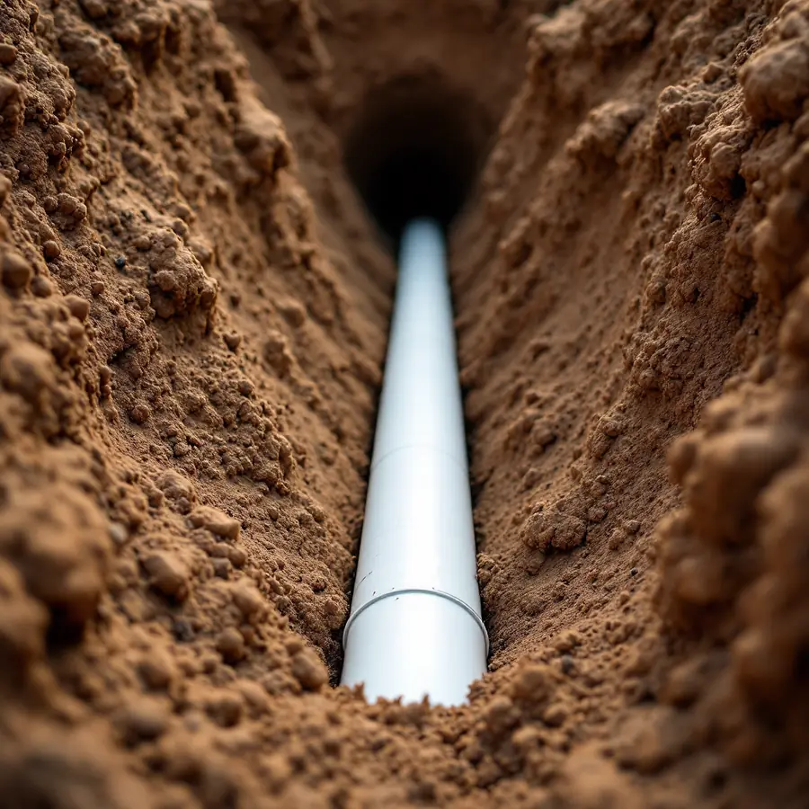 Smooth white plastic sewer pipe lying on fine gravel along the bottom of an open trench, seen from ground level