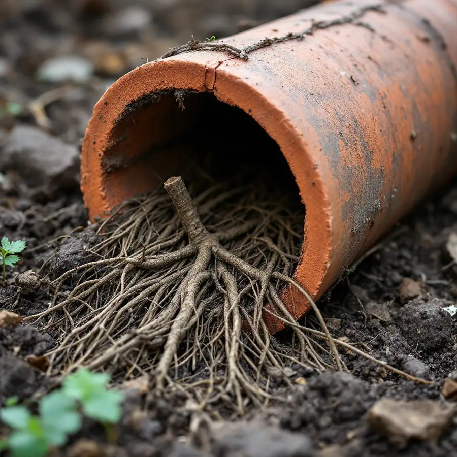 Cut section of old terracotta clay sewer pipe lying on soil with a dense mass of fine tree roots filling its bore and growing in through a joint