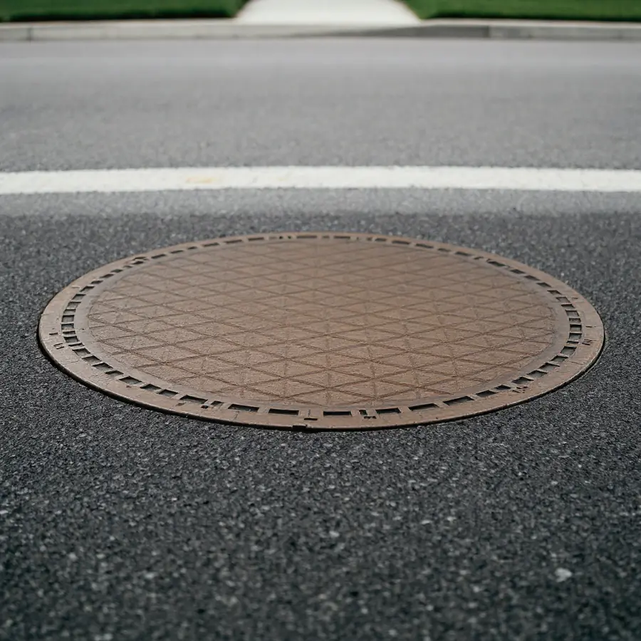 Round cast iron manhole cover in an asphalt residential street in front of a house, a section of curb and lawn beyond