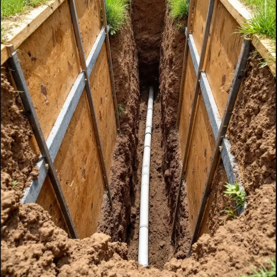 Deep narrow excavation trench in a lawn with its earth walls held back by plywood panels and steel cross braces, a white plastic pipe visible at the bottom