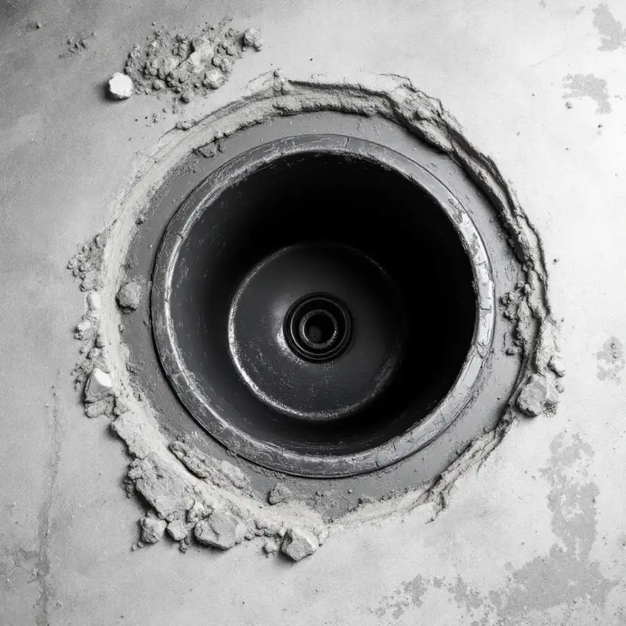 Looking down at a freshly cut round hole in a grey concrete basement floor with a new black plastic basin set into it, fresh concrete patched around the rim and broken lumps of old concrete on the floor beside it