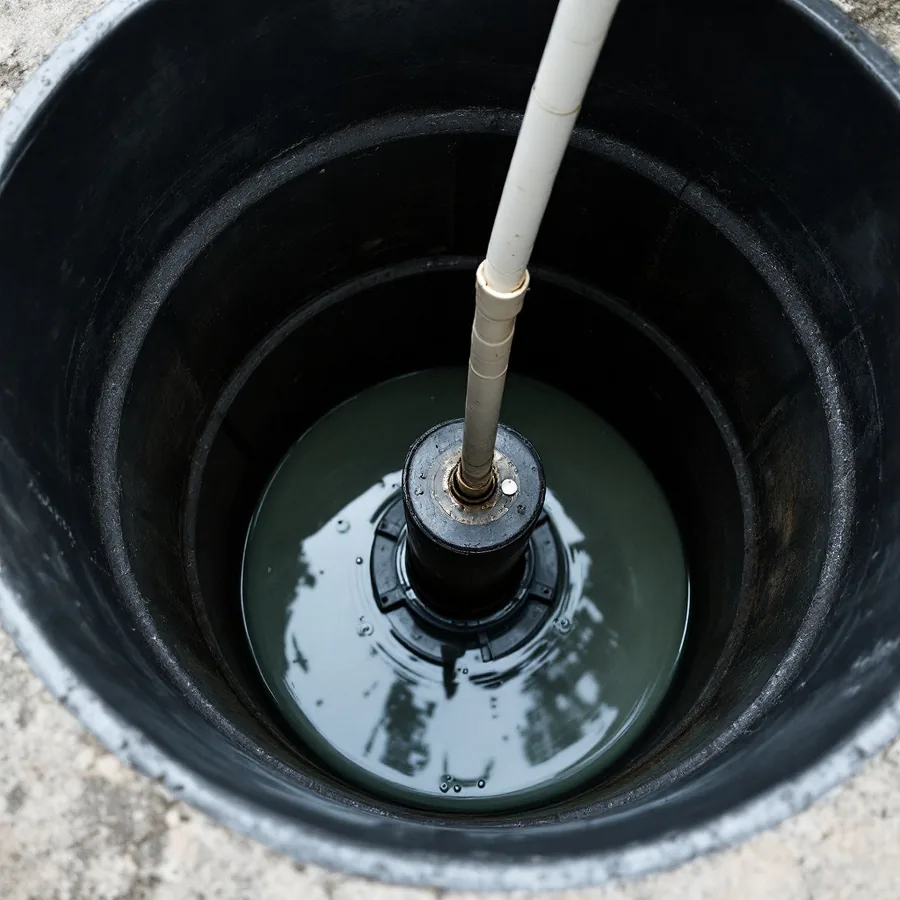 Looking straight down into an open round black plastic basin set in a concrete floor, a squat cylindrical pump standing at the bottom in a few inches of water with a pipe rising from it