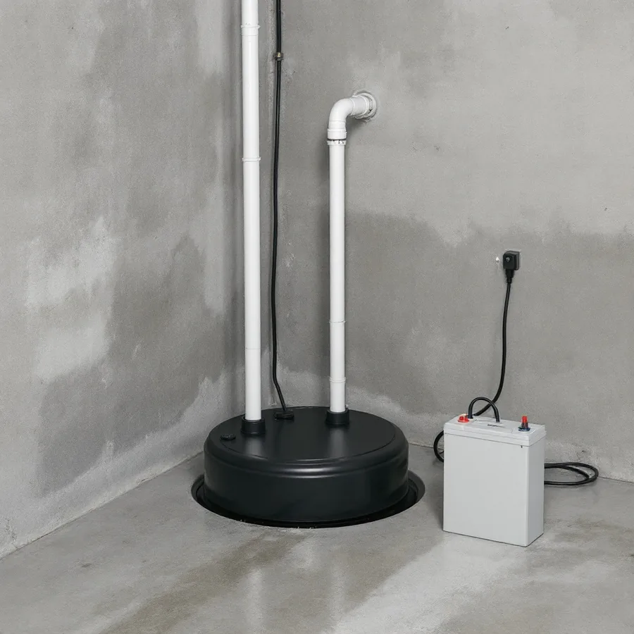 Bare concrete basement corner with a round black basin under a flat lid, two white pipes of different heights rising from the lid, and a plain grey battery box on the floor beside it with a thick cable running into the lid