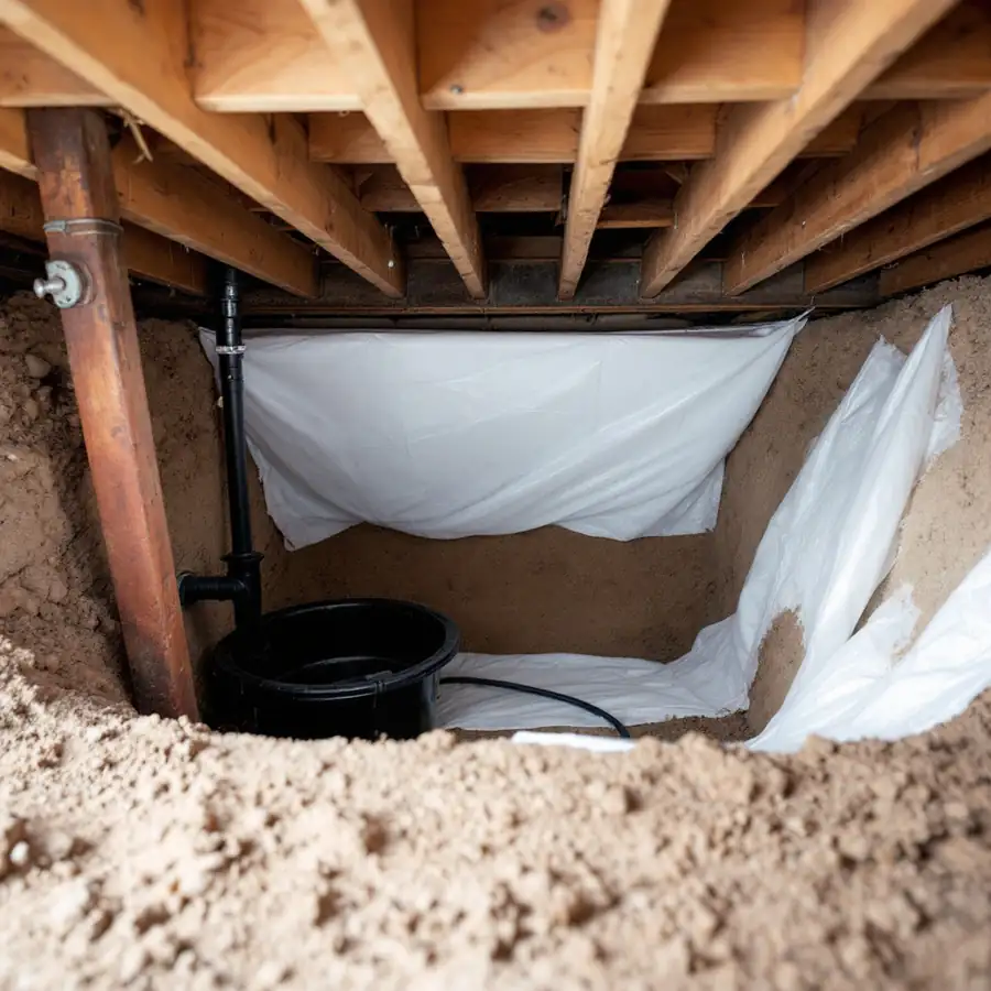 Inside a low crawl space with wooden floor joists overhead, white plastic sheeting laid over the bare earth, and a black basin sunk into the ground at the low point with a pipe rising from it