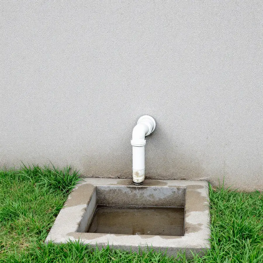 White plastic pipe emerging from a grey foundation wall, turning down through an elbow and ending just above a concrete pad set in grass, with water standing in the pad