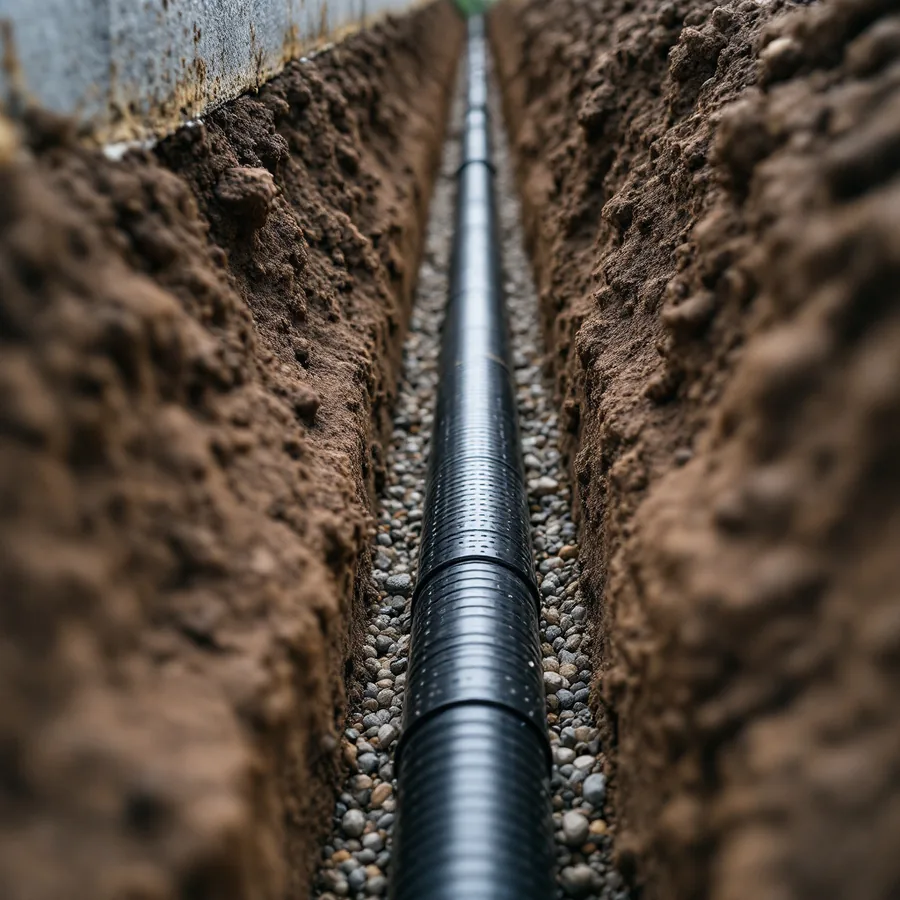 Narrow open trench beside a concrete foundation footing with a black perforated corrugated pipe lying along the bottom, half covered by clean rounded gravel