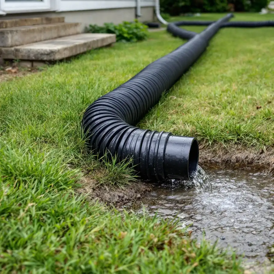 Black flexible corrugated pipe running across a mown lawn from a house, water pouring from its open end onto bare eroded ground