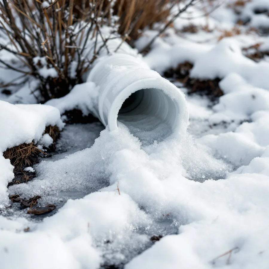The open end of a white plastic pipe lying at the edge of a snow-covered lawn, blocked by a thick lump of ice that has spread out from the opening across the snow