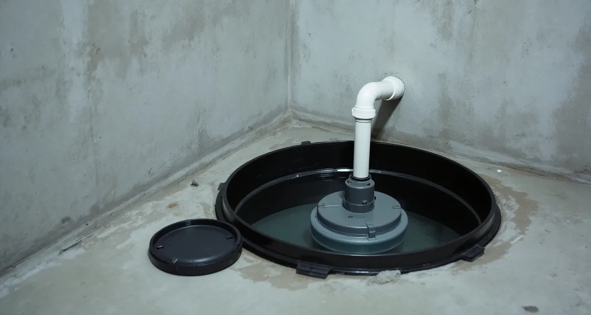 Corner of an unfinished concrete basement with a round black basin set into the floor, a squat pump standing in shallow water inside it and a white discharge pipe rising from the pump and turning toward the wall