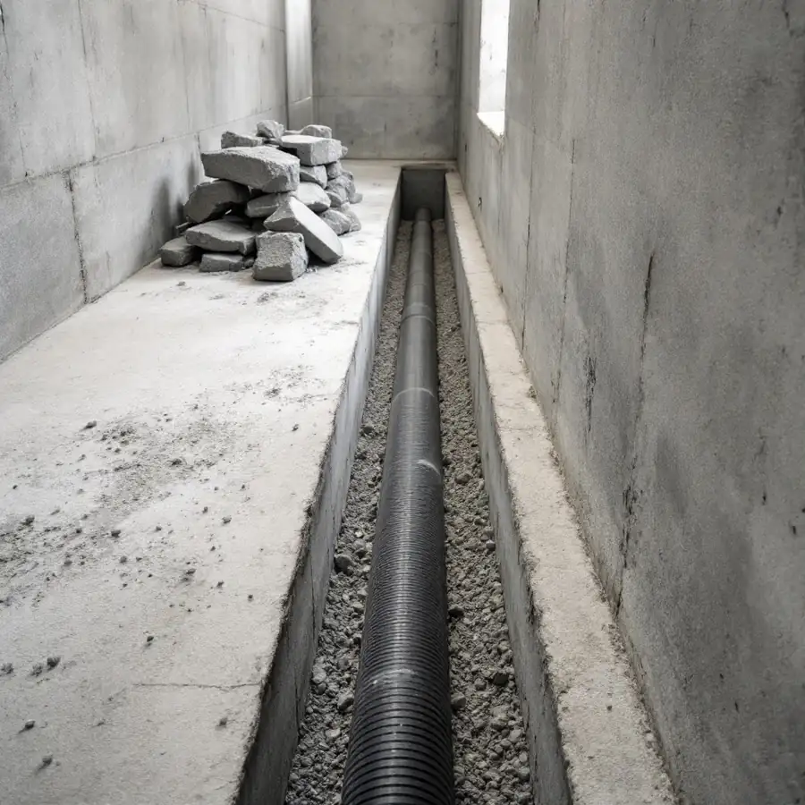 A narrow channel cut through a concrete basement floor along the base of a wall, a black perforated pipe lying in gravel at the bottom of it and broken lumps of the cut slab stacked to one side