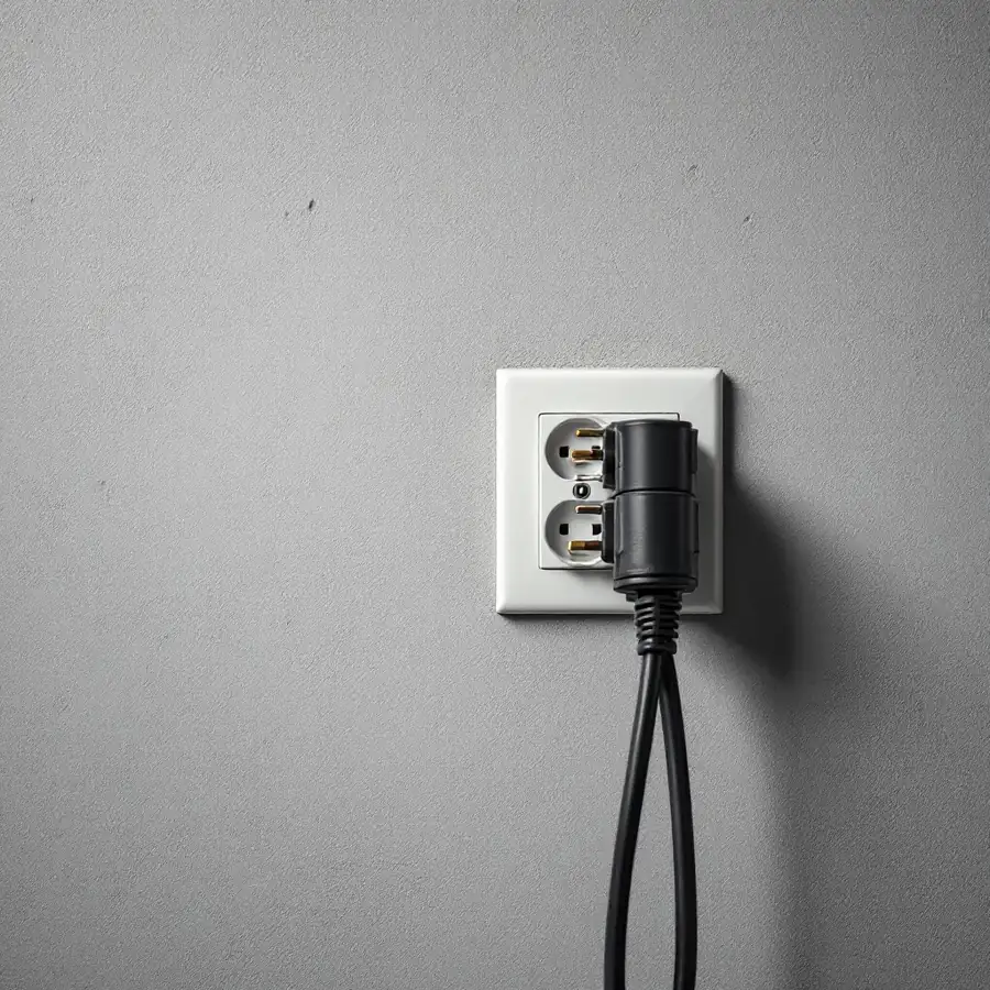 A single electrical outlet on a plain grey concrete basement wall with two black plugs stacked into each other in the same socket and two cords running down the wall