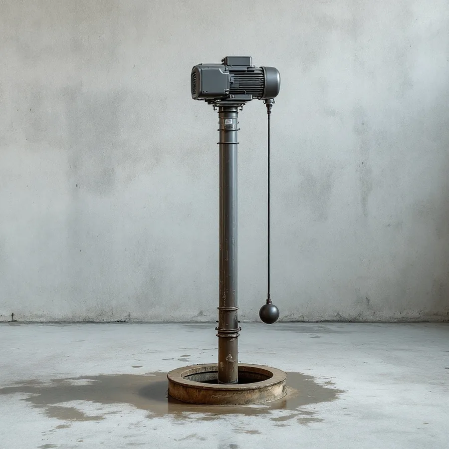 A pedestal pump standing alone on a bare concrete basement floor, a squat motor on top of a long narrow column that drops into a round hole in the floor, with a float on a tether beside it