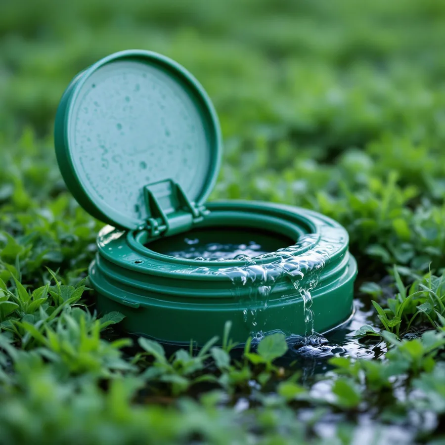 Small round green plastic lid set flush in a lawn, its hinged flap pushed open by water welling up and spilling over the rim and running away across the grass