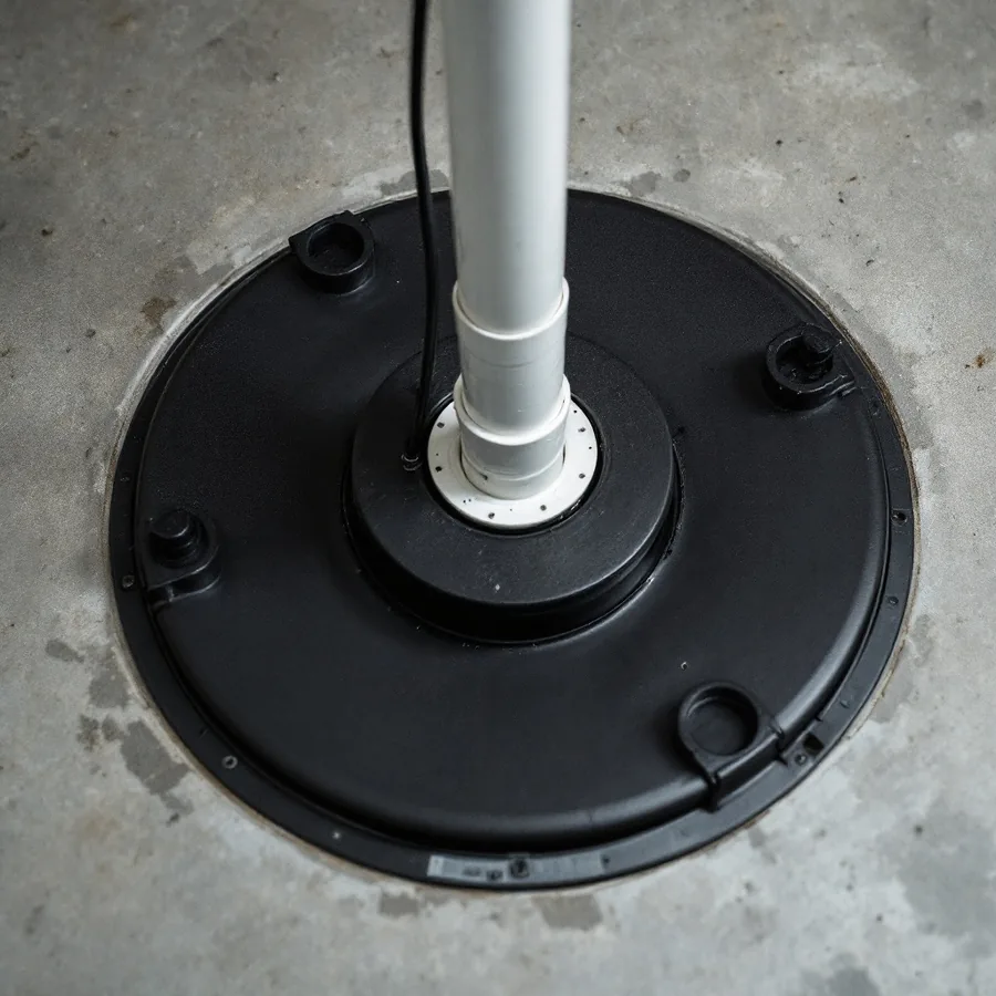 Flat black plastic lid bolted down over a basin in a concrete floor, a rubber collar where a white pipe passes through it and a second grommet where a cord passes through