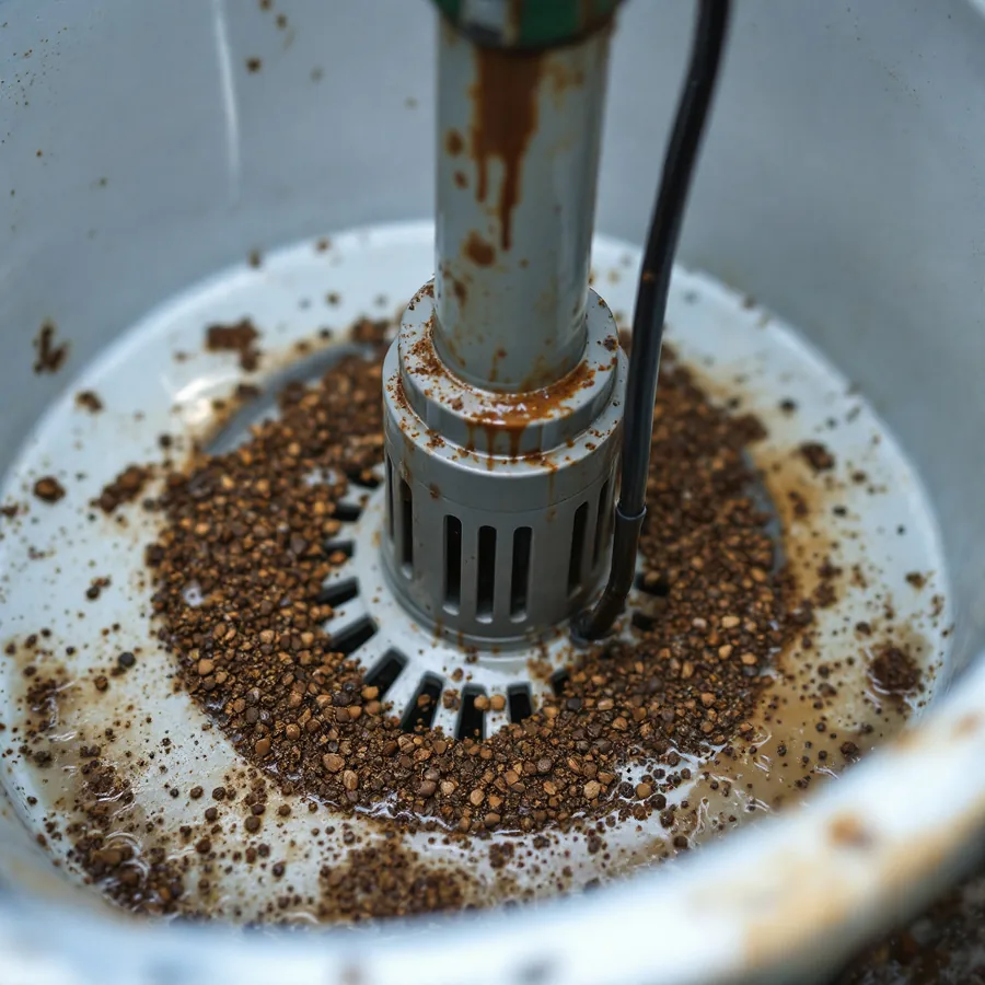 Close-up of the bottom of a basin with brown silt and small gravel packed around the slotted base of a pump, the slots half blocked, rust staining on the pump body