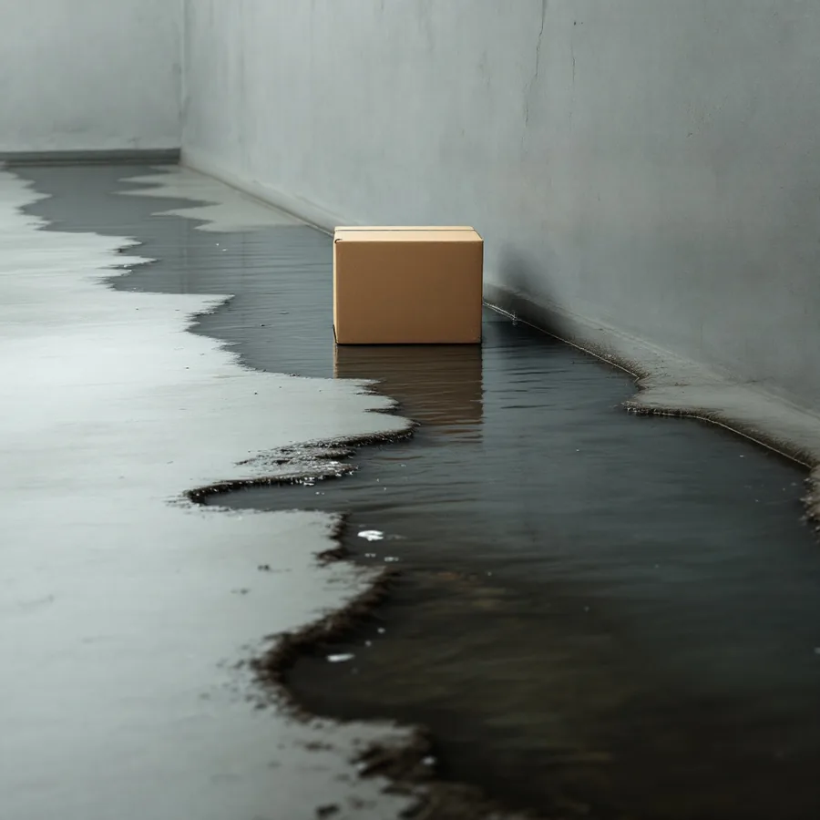 Shallow sheet of standing water spreading across a bare grey concrete basement floor along the seam where the floor meets the wall, a plain cardboard box standing in it with its bottom edge dark and swollen