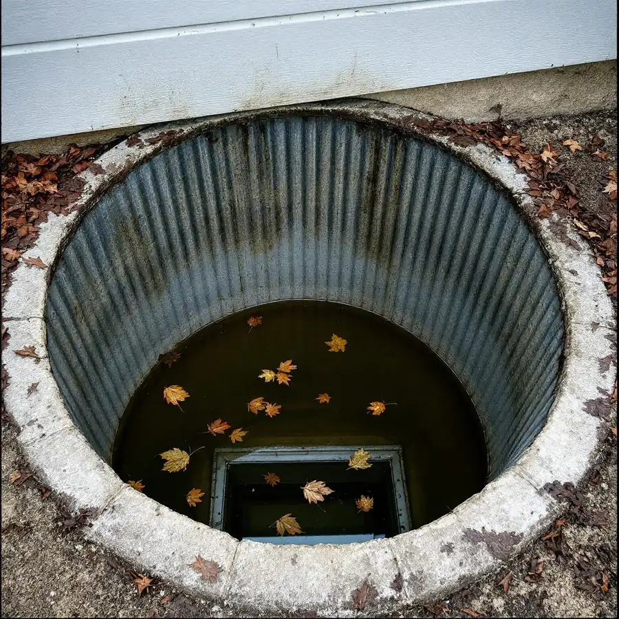 Looking down into a corrugated metal window well against a house foundation, half full of dirty water with fallen leaves floating on it and the bottom of a basement window under the waterline