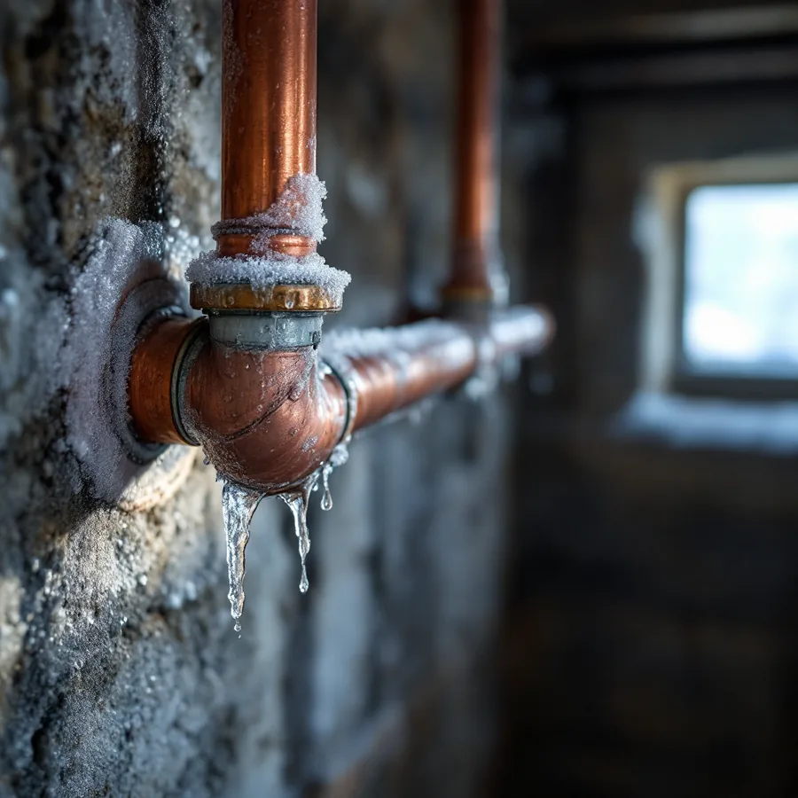 Copper cold water pipe entering a basement wall with a rime of frost and drops of condensation on it, winter light from a small window