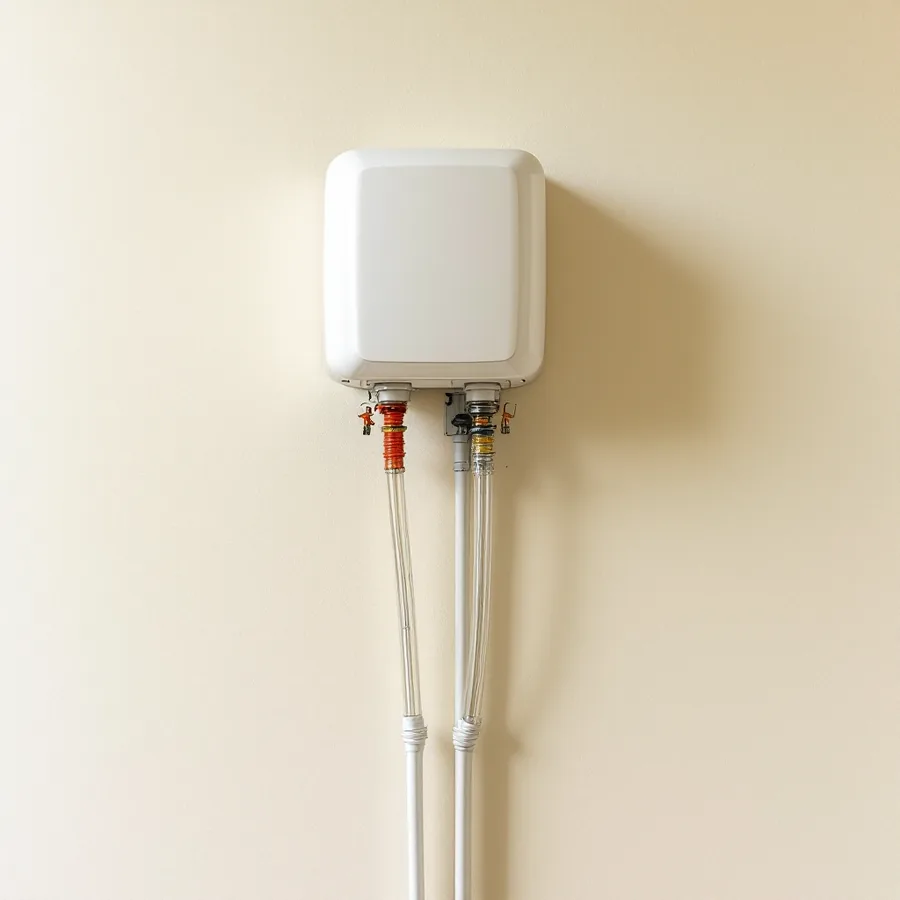 Small white wall-mounted unit on a pale wall with two clear tubes running down from it to the floor
