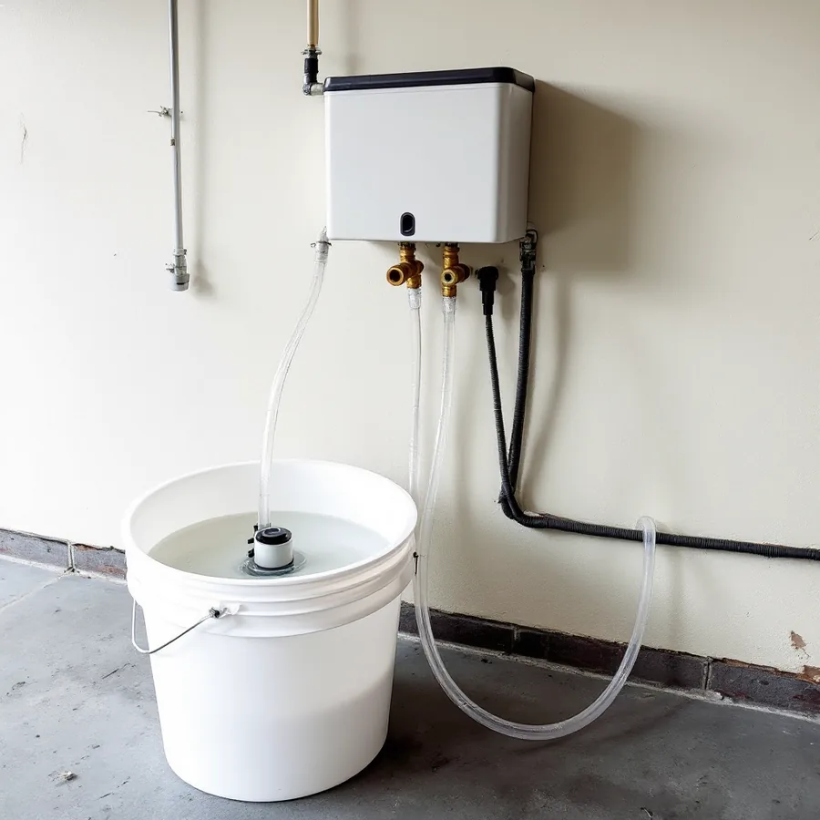 White bucket on a garage floor holding a small submersible pump with two clear hoses running up to the valves under a wall-mounted unit, the liquid in the bucket cloudy