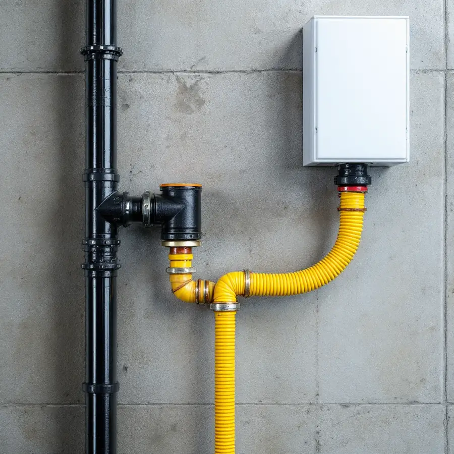 Black iron gas pipe rising along a concrete wall with a tee and capped stub, a yellow corrugated flexible connector leading up to a plain white wall-mounted box