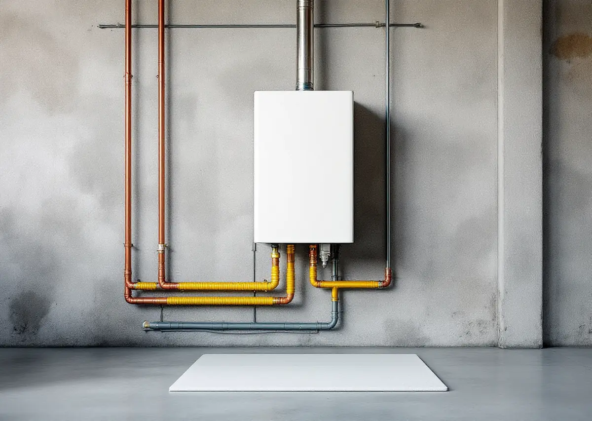Plain white rectangular wall-mounted water heating unit on a bare concrete wall with a stainless steel vent pipe rising from its top, copper and yellow flexible gas lines below, and a pale clean rectangle on the floor where a tank once stood