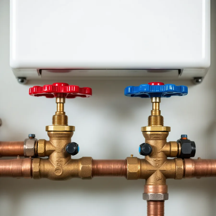 Two brass valves with red and blue wheel handles on copper pipes below a plain white wall-mounted unit, each with a small capped side port