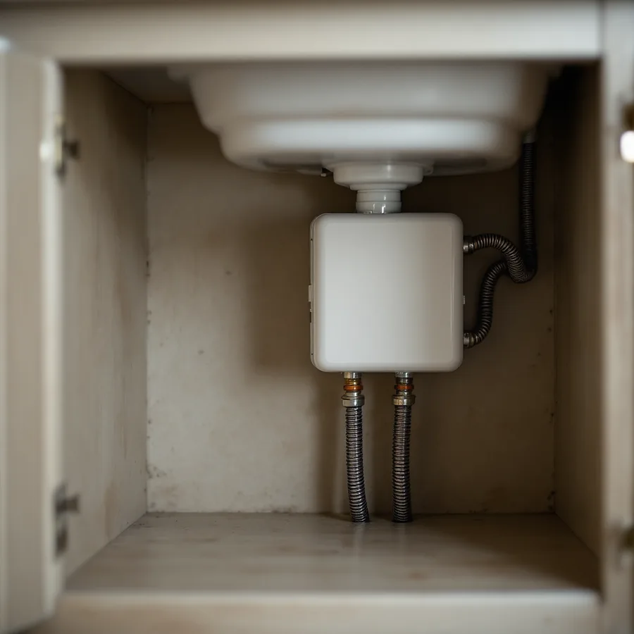 Small plain white box the size of a book mounted on the back wall of a bathroom sink cabinet with two braided hoses connected to it