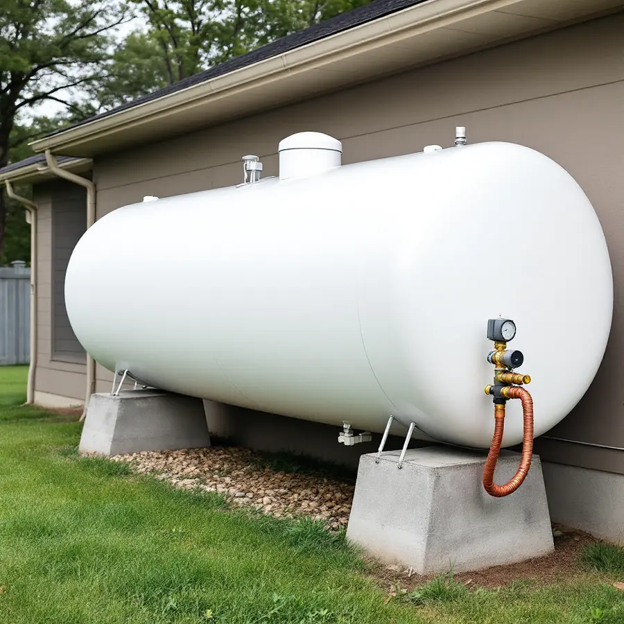 Large white horizontal propane tank on concrete piers beside a house with a regulator and copper line leading toward the wall