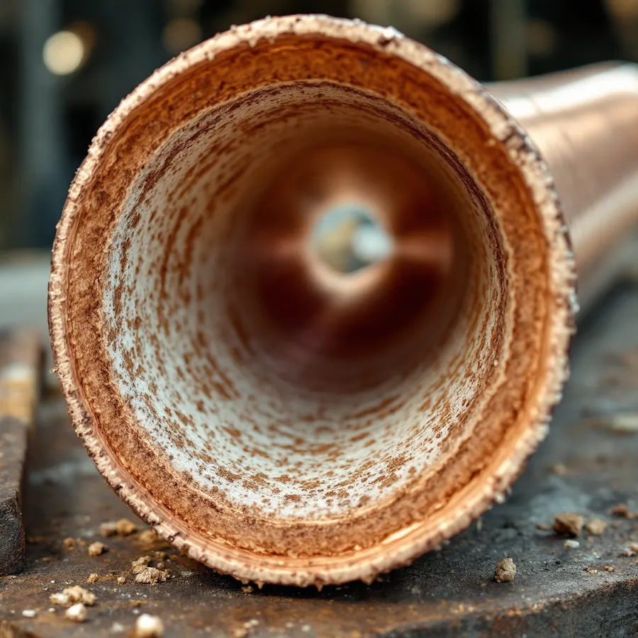 Cut section of copper tubing seen end-on on a workbench, its inner surface lined with white and tan mineral scale