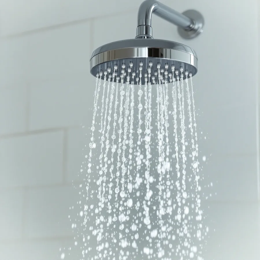 Chrome shower head in a white tiled shower with water streaming from it