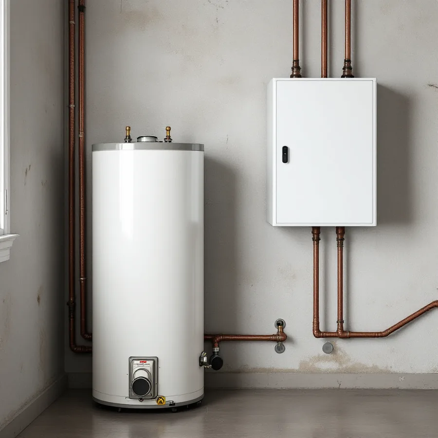 Utility room with a blank white water heater tank standing on the floor on the left and a plain white rectangular unit mounted on the wall on the right, copper pipes to both