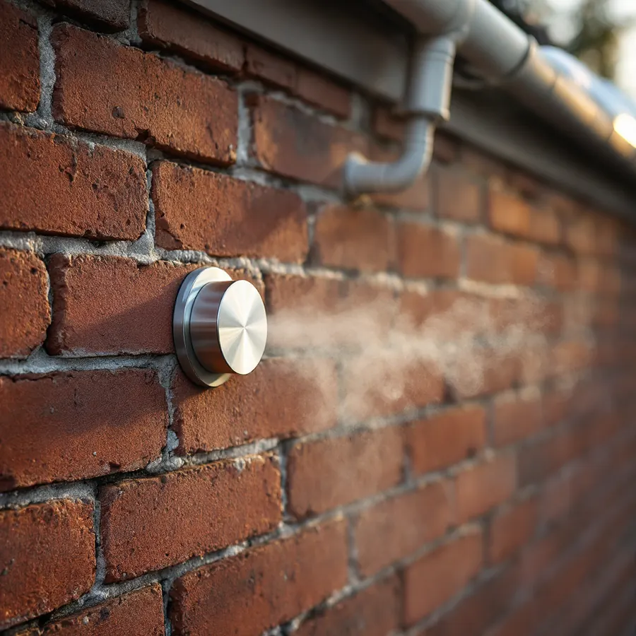 Small round stainless steel vent terminal protruding from a brick exterior wall with a faint plume of vapour on a cold morning