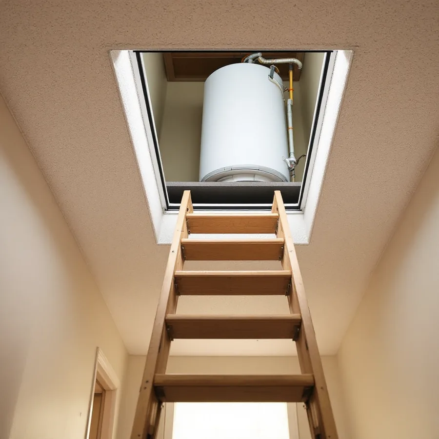 Open attic hatch in a hallway ceiling with a folding wooden ladder extended down and the base of a white water heater tank visible on a platform above