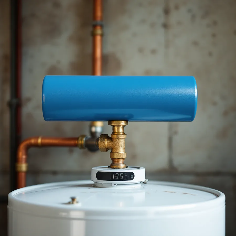 Small plain blue steel cylinder mounted horizontally on a copper pipe above a white water heater, joined with a brass tee fitting