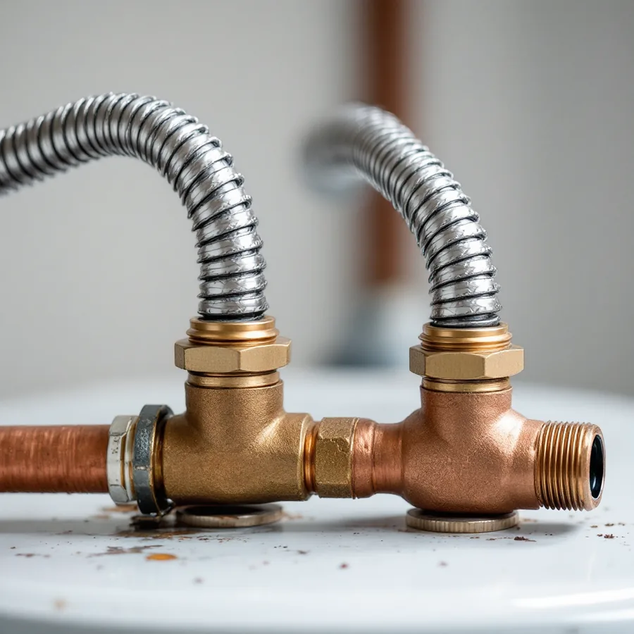 Two braided stainless steel flexible hoses connecting copper pipes to the two brass fittings on top of a white water heater