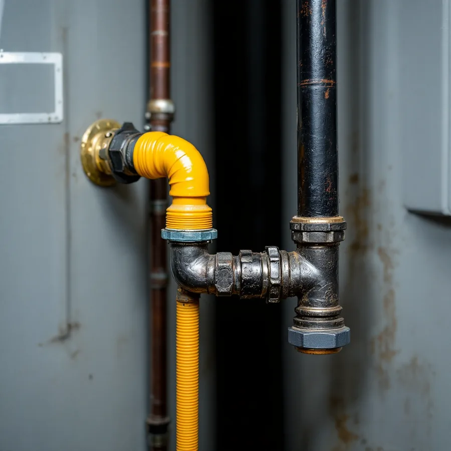 Black iron gas pipe beside a water heater with a short capped downward stub at a tee below the horizontal run and a yellow flexible connector leading to the appliance