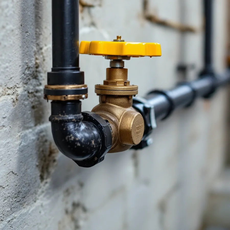 Brass ball valve with a yellow lever handle turned across a black iron gas pipe running along a basement wall