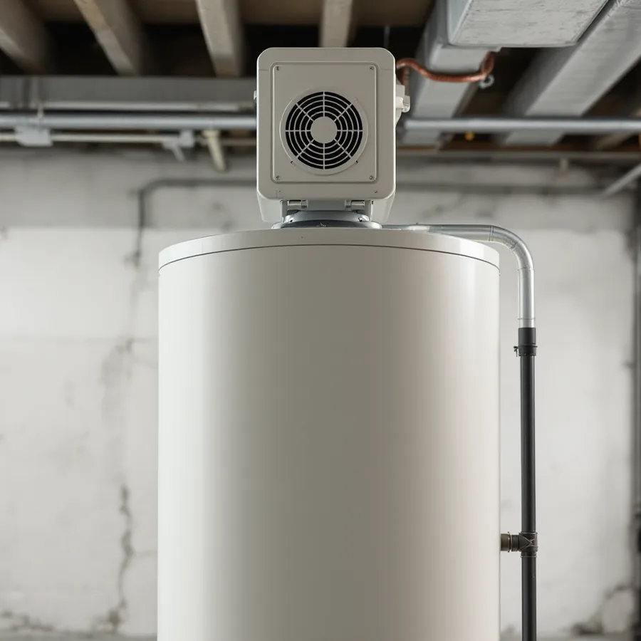Top section of a tall white cylindrical water heater with a round fan grille and a boxy housing on top and a thin clear tube running down its side, in a basement