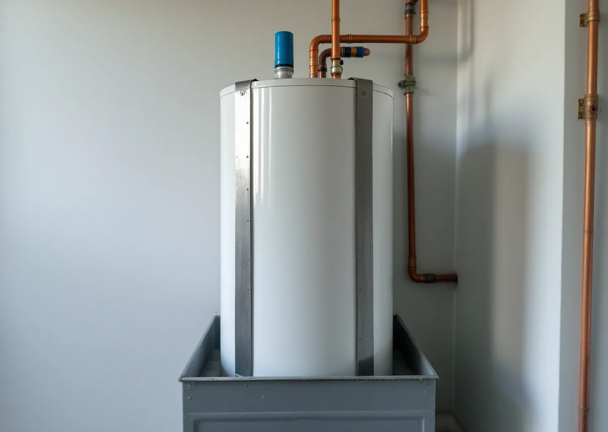 Newly installed plain white water heater tank standing in a grey metal drain pan, two metal straps around it fastened to the wall, copper pipes above with a small blue expansion tank on the cold line