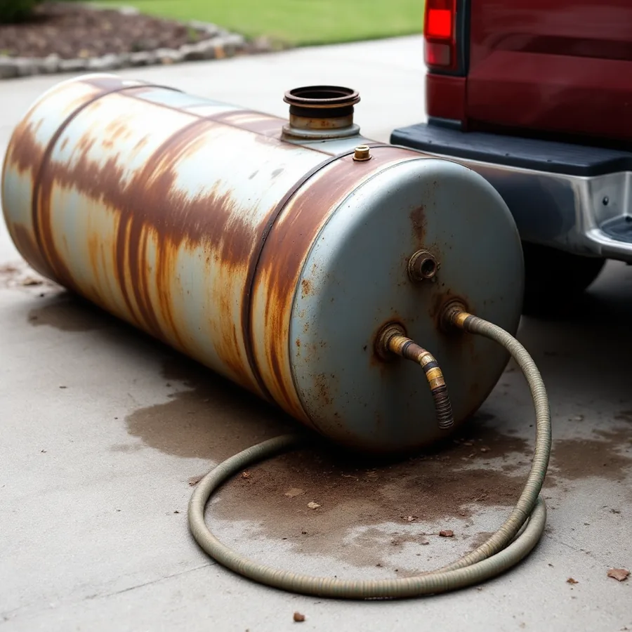 Old rust-streaked water heater tank lying on its side on a concrete driveway beside a pickup truck tailgate with a garden hose hanging from its drain tap