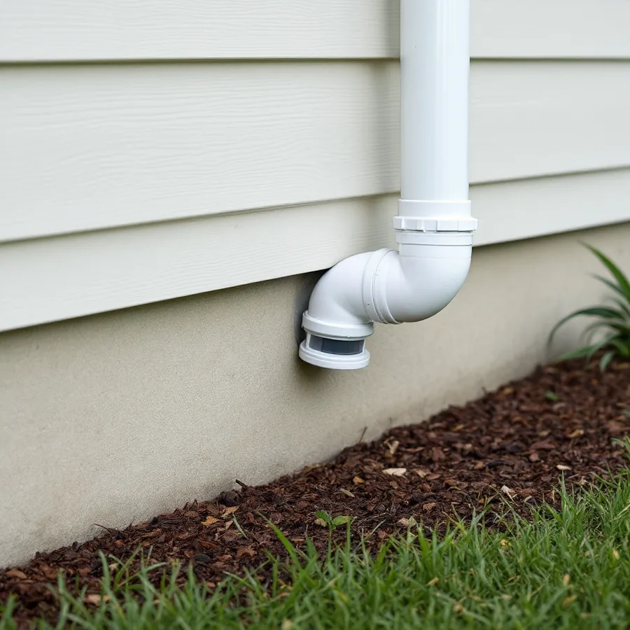 White plastic pipe elbow emerging low through the pale siding of a house with a small round vent hood on its end, mulch and grass below