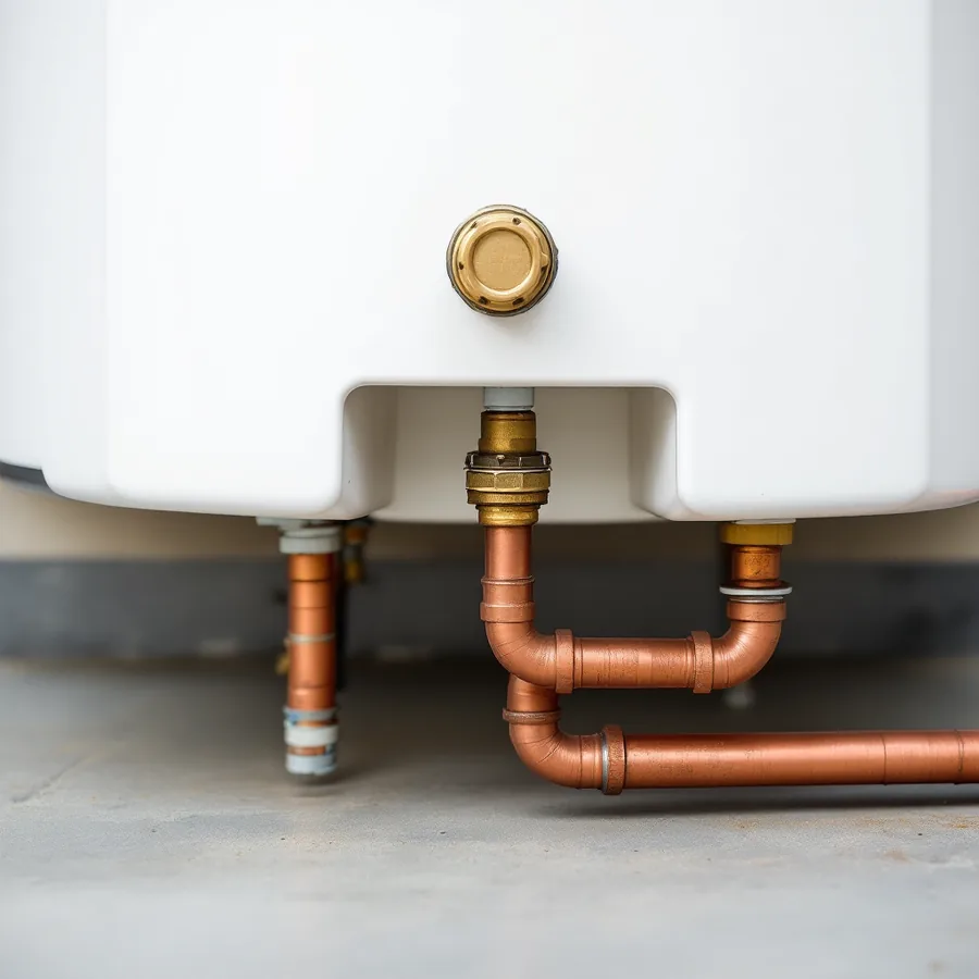 Brass valve fitted into the side of a plain white water heater tank near the top with a copper pipe running straight down from it to end open above the floor