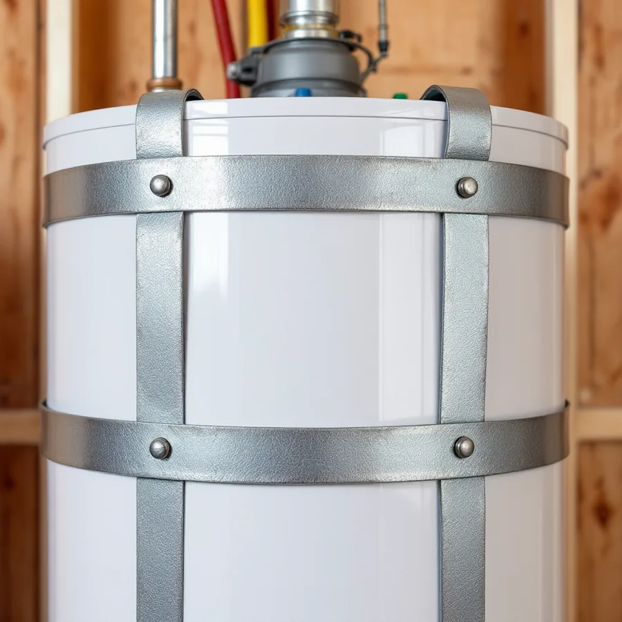 Two galvanized steel straps wrapped around the upper and lower thirds of a white water heater tank and bolted to the wall studs behind it