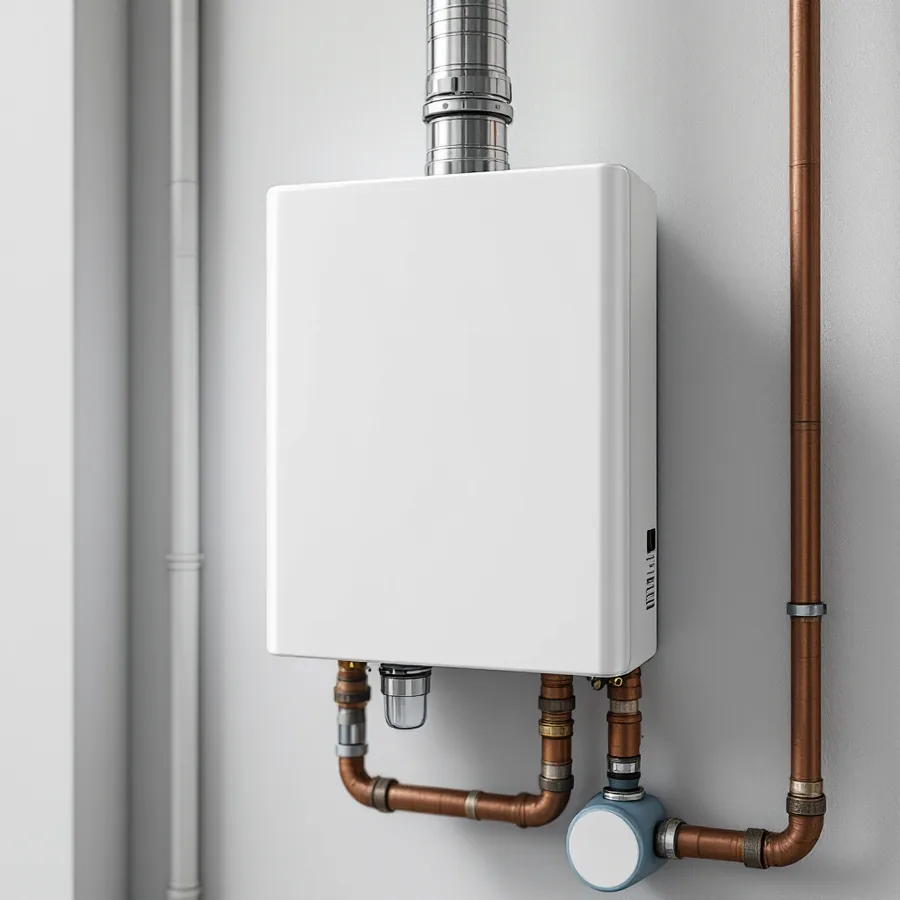 Plain white rectangular wall-mounted box with a stainless steel pipe rising from its top and turning through the wall, copper pipes and a small clear tube below