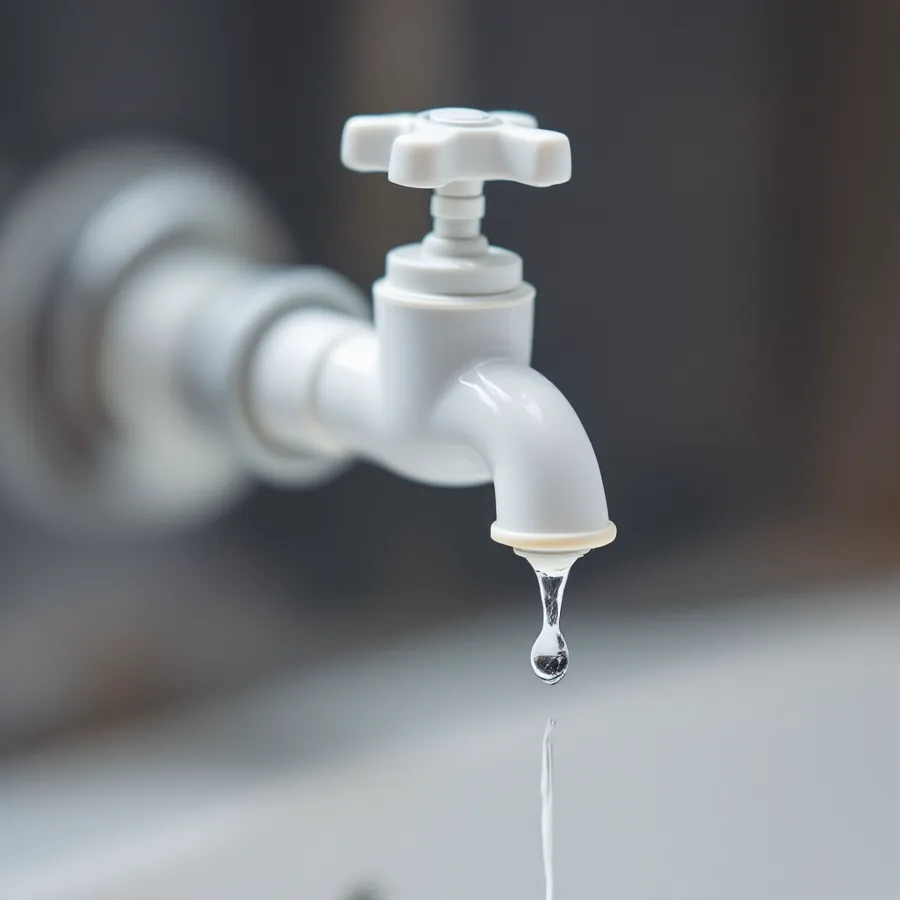 Small white plastic drain tap with a spoked handle and a drop of water hanging from its spout