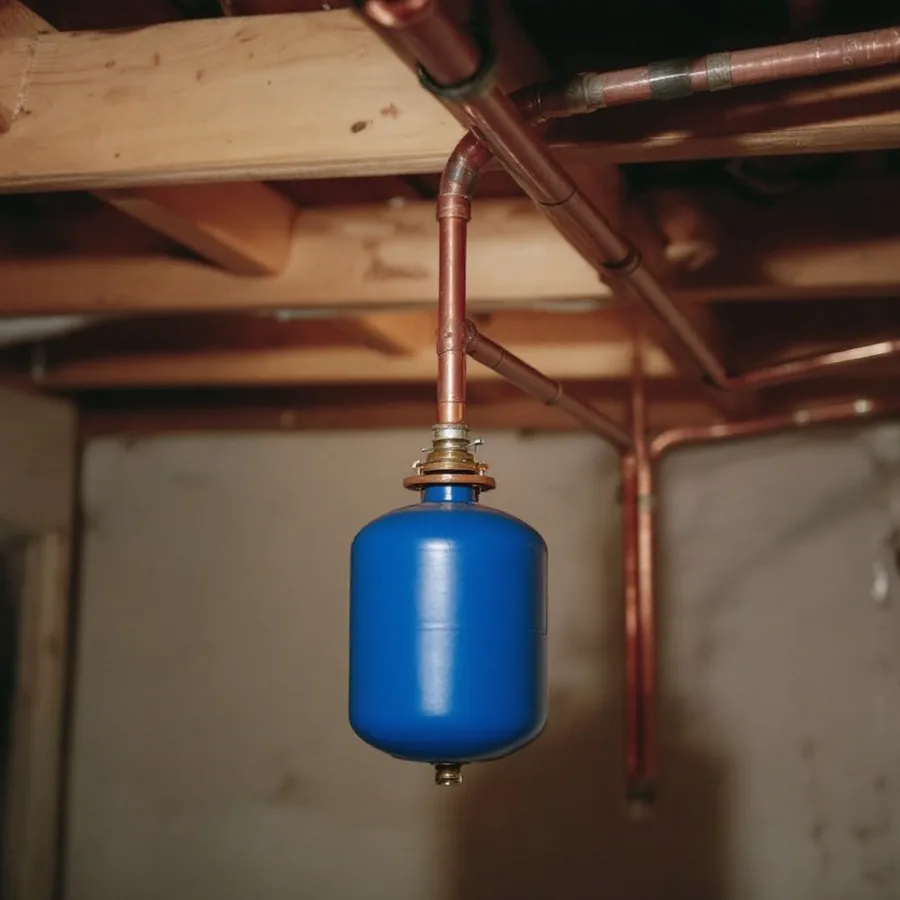 Small plain blue cylindrical expansion tank hanging from a copper pipe tee near a basement ceiling
