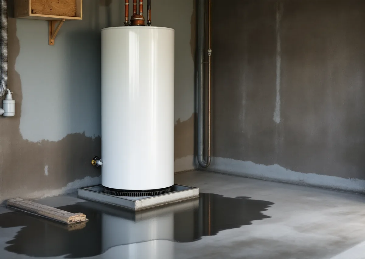 White residential water heater tank standing in a shallow drain pan in a garage
              corner with a dark puddle of water spreading across the concrete around it